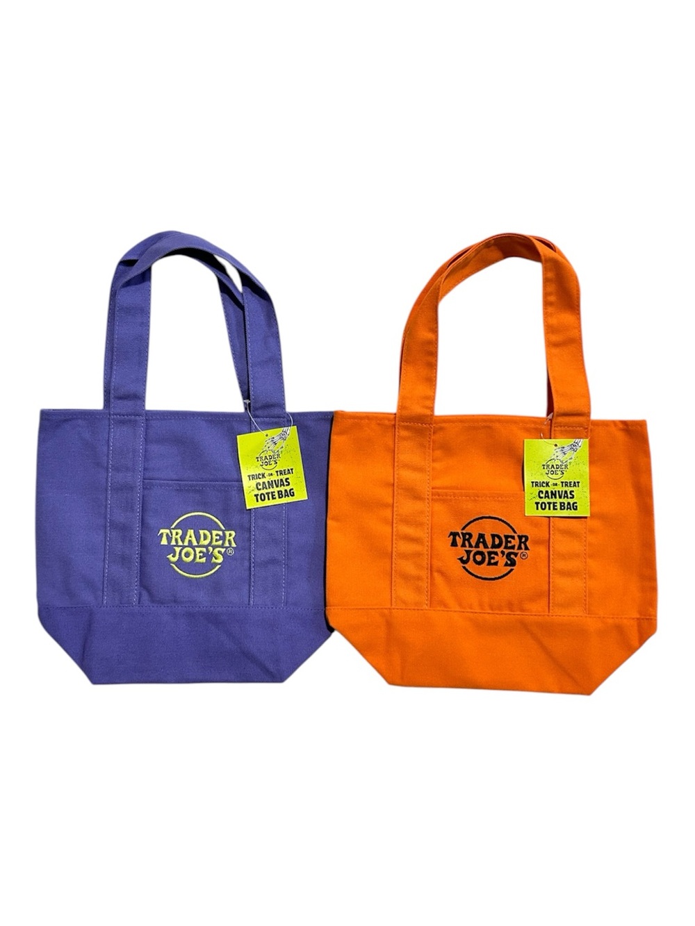 NWT Trader Joe's Mini Canvas Totes in Purple and Orange 2025 Fall Collection
